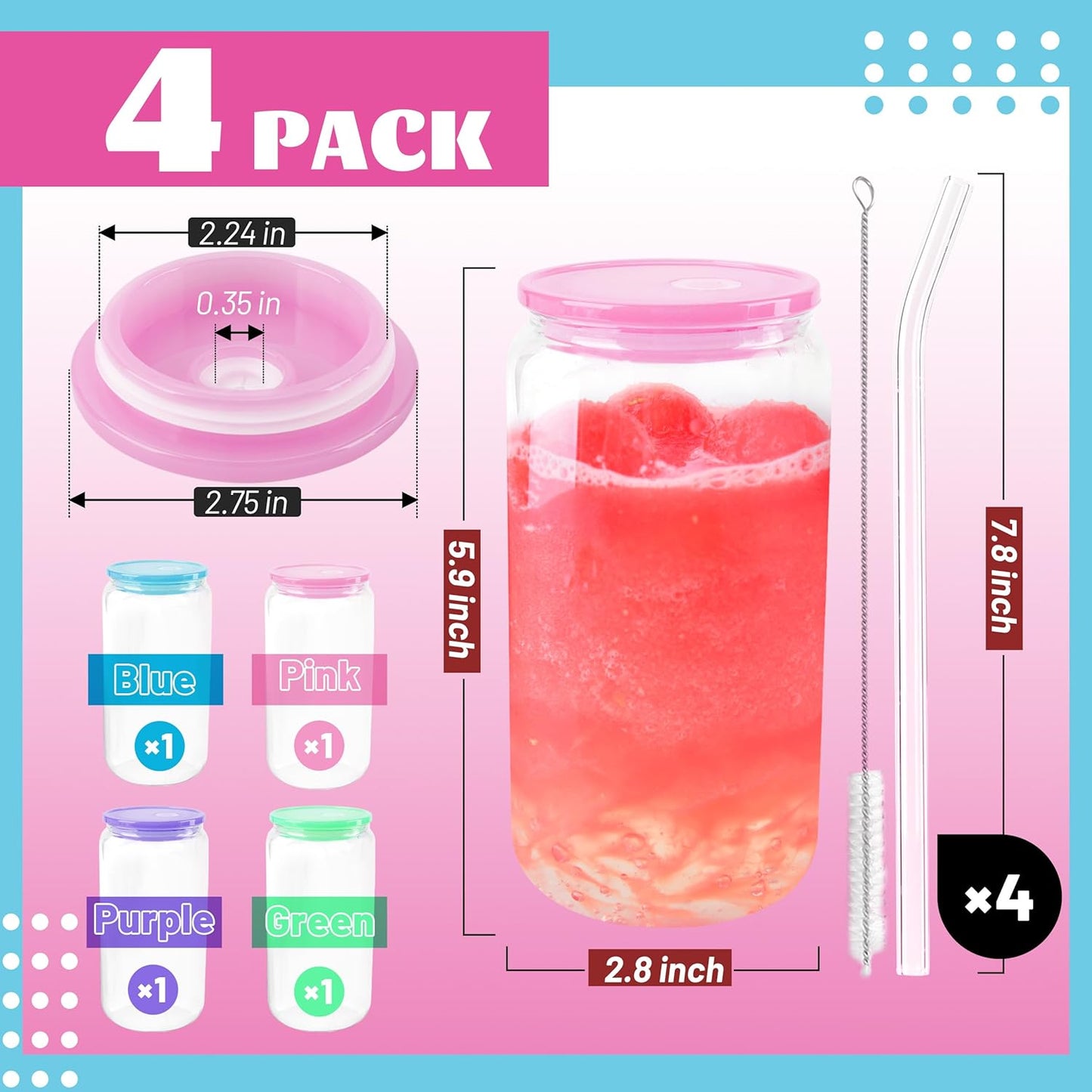 Joyclub 8pcs 16 oz Glass Cups with Acrylic Lids and Straws Can Shaped Iced Coffee Glasses Cute Tumbler Set Drinking Jars for Smoothie Soda Boba Beer Party Housewarming Gifts