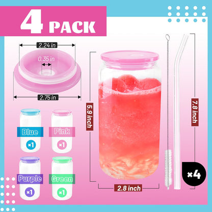 Joyclub 8pcs 16 oz Glass Cups with Acrylic Lids and Straws Can Shaped Iced Coffee Glasses Cute Tumbler Set Drinking Jars for Smoothie Soda Boba Beer Party Housewarming Gifts