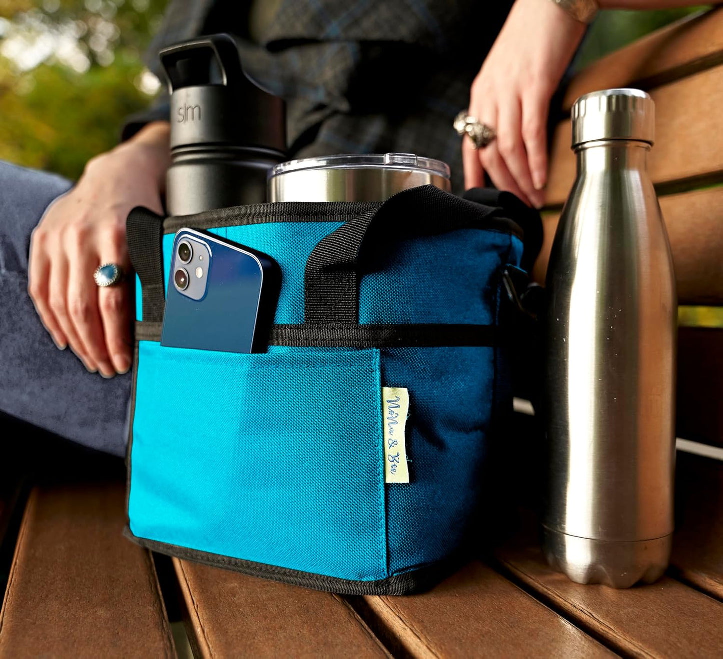 NoNa & Bee 4 Water Bottle Holder with Strap | Family Size 4 Compartment Drink Bag, Multiple Tumbler Carrier Caddy | Adjustable Fits Large & Small Drinks | Hands Free, Won't Tip Over in Car