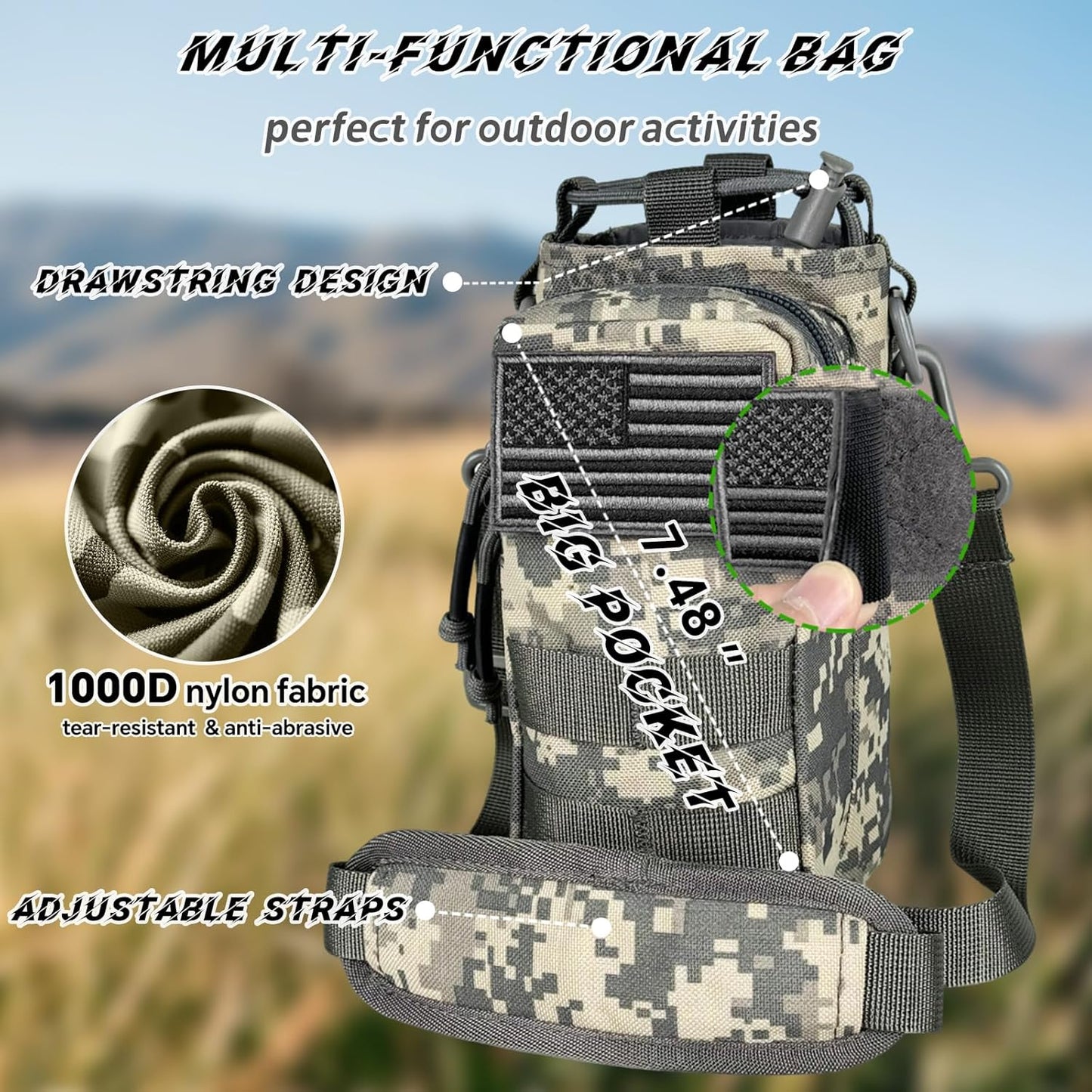 Water Bottle Holder with Strap - Tactical Insulated Water Bottle Sleeve with MOLLE System Water Bottle Cover Cross-Body Pouch for Walking Hiking Camping Gym 32oz&40oz