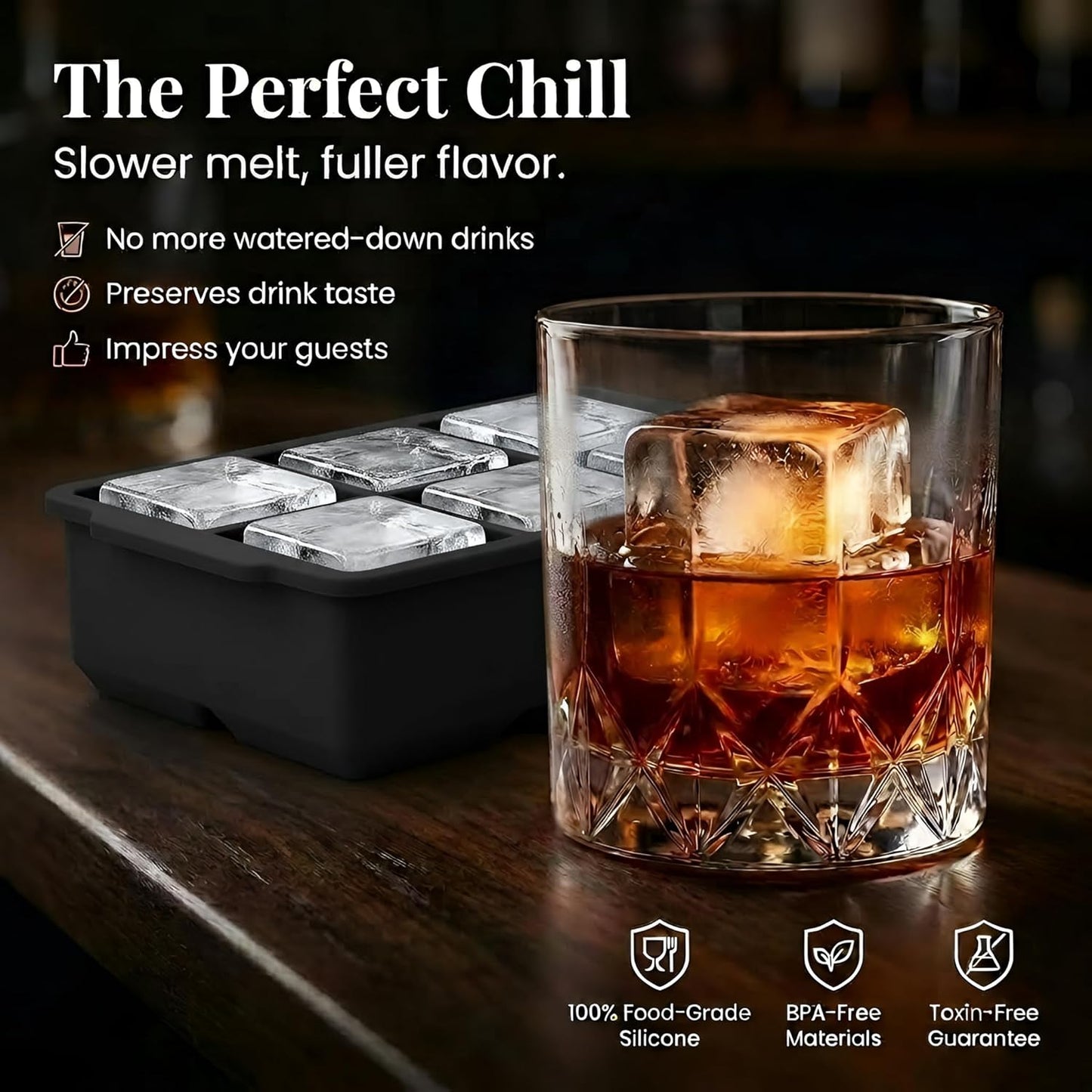KitchFort Large Silicone Ice Cube Tray (2-Pack), Easy Release 2" Big Ice Cubes - Cocktail, Whiskey Ice Cubes Mold - Ice Trays for Freezer with Lid - Stackable Silicone Ice Tray - Black