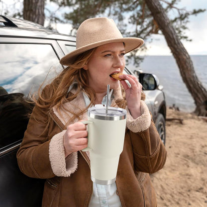 30 oz Tumbler With Handle, Double Wall Stainless Steel Vacuum Insulated Travel Mug with Splash-Proof Lid Metal Straw and Brush (Cream)