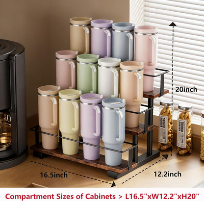Stanley 40 oz Tumbler Compatible Organizer, 3-Tier Water Bottle Organizer with Wooden Shelves, Carbon Steel Rack Holds 12 Bottles, Kitchen & Bar Storage
