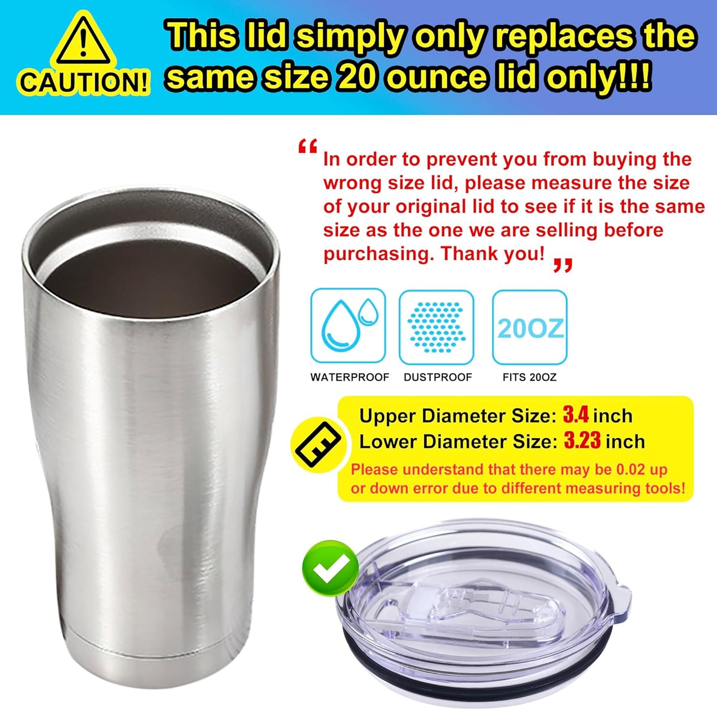 2 Replacement Lids for Stainless Steel Tumbler Travel Cup - Fits OF Inner diameter 3.7 to 3.74 INCH Yeti Rambler and others (Transparent) (30 OZ)