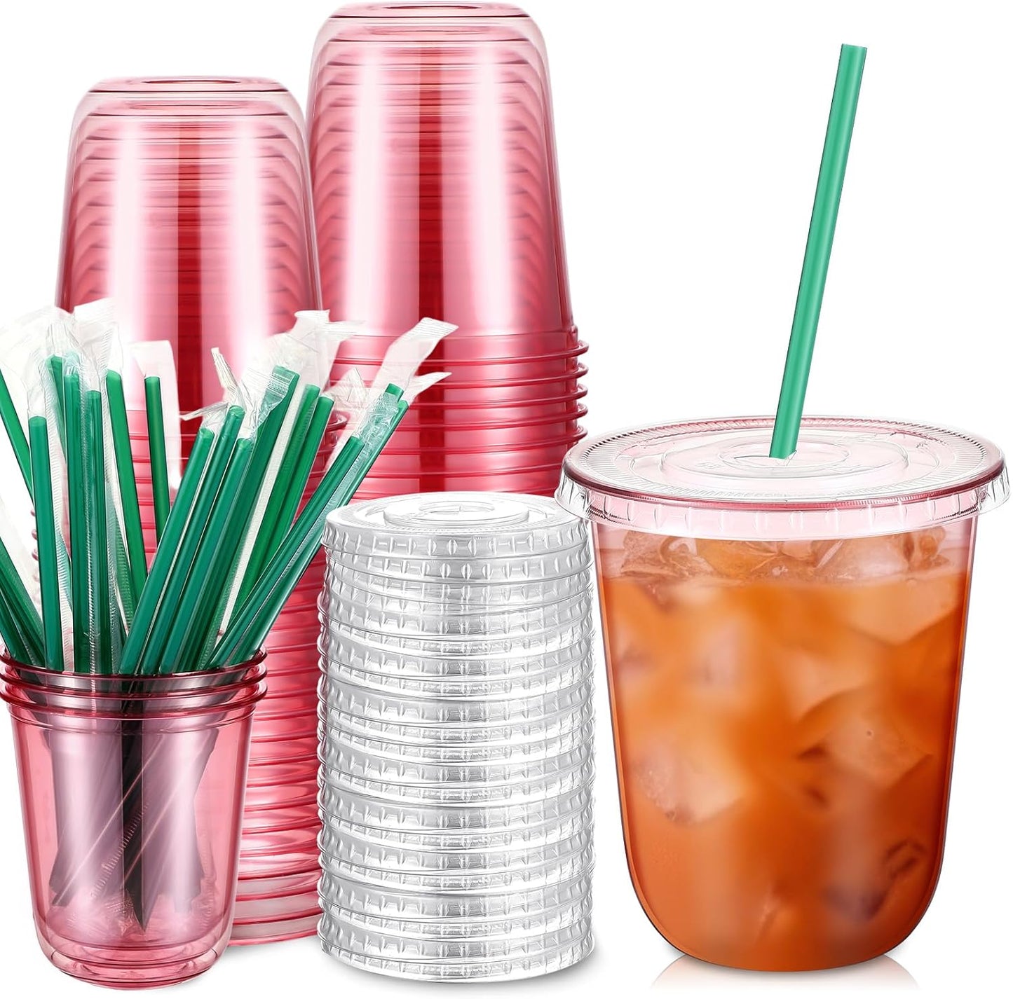 Baderke 25 Set Plastic Cups with Lids and Straws, Disposable Plastic Iced Coffee Cup for Cold Beverage Juice Smoothie Crystal for Coffee Shops Party Catering(Clear,16 oz)