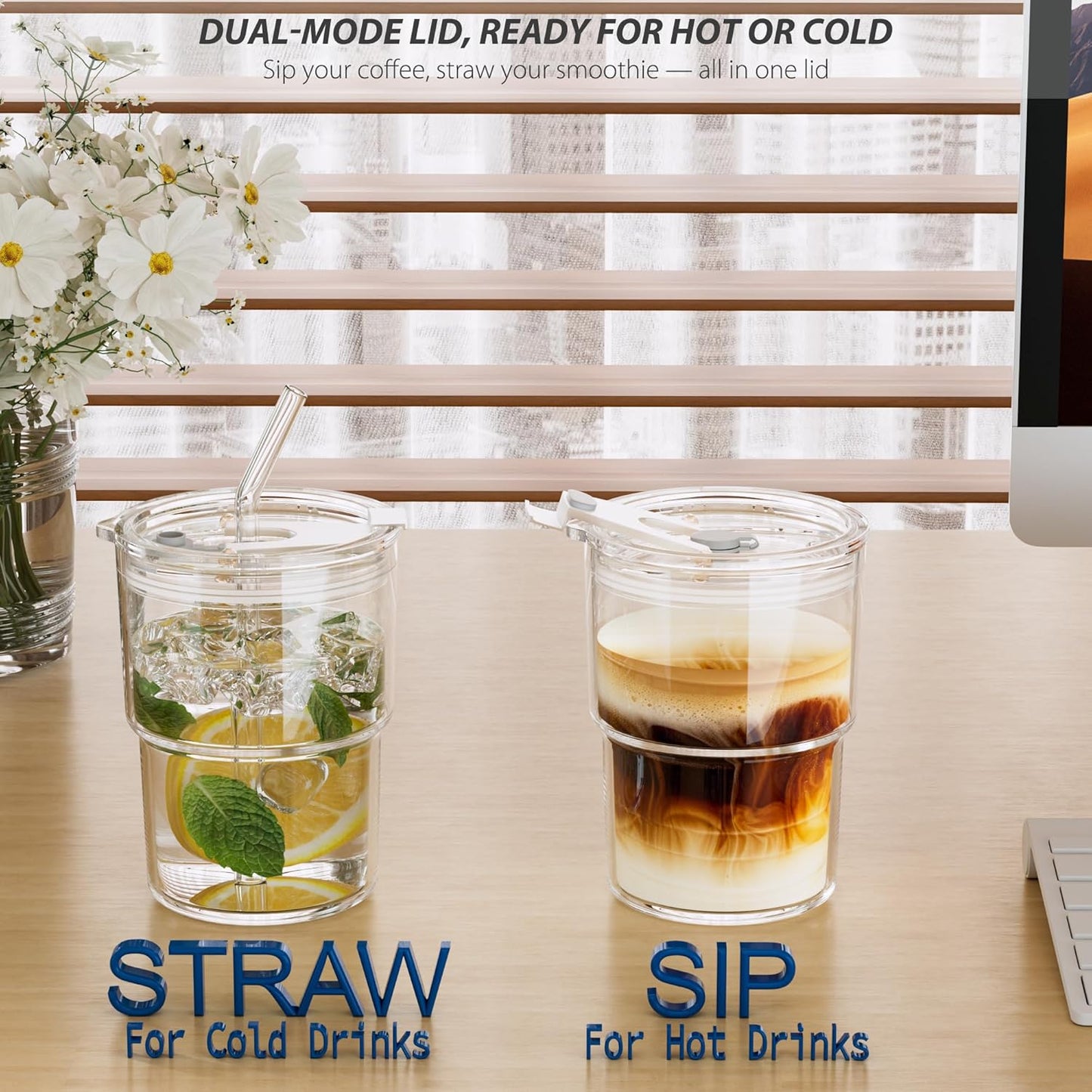 13 oz Iced Coffee Cup, Glass Tumbler with Straw and Lid for Tea, Matcha, Cold Brew, Sealed, Portable, Thick Wall, BPA-Free (Amber)