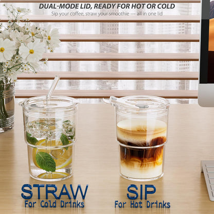13 oz Iced Coffee Cup, Glass Tumbler with Straw and Lid for Tea, Matcha, Cold Brew, Sealed, Portable, Thick Wall, BPA-Free (Amber)