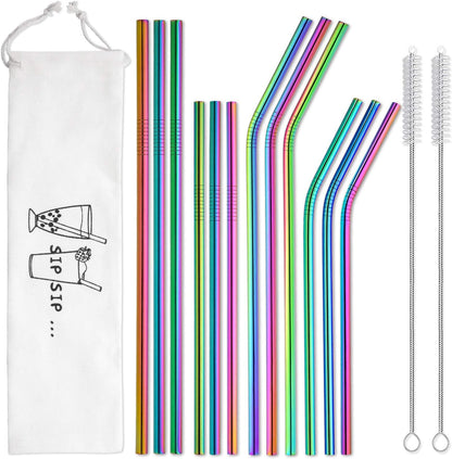 Hiware 12-Pack Reusable Stainless Steel Metal Straws with Case - Long Drinking Straws for 30 oz and 20 oz Tumblers Dishwasher Safe - 2 Cleaning Brushes Included