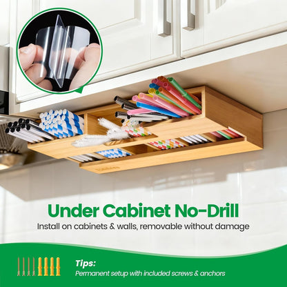 Bamboo Straw Holder Organizer for Cabinet Door, 10.8" Magnetic Straw Organizer with 6 Compartments for Long & Short Reusable Straws, Fridge, Counter & Wall Mount