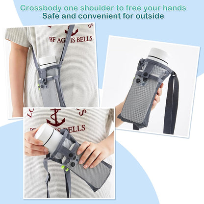 Mumufy Mesh Water Bottle Sling Holder with Adjustable Strap Crossbody Bottle Sleeve Carrier with Pouch for Outdoor Activities