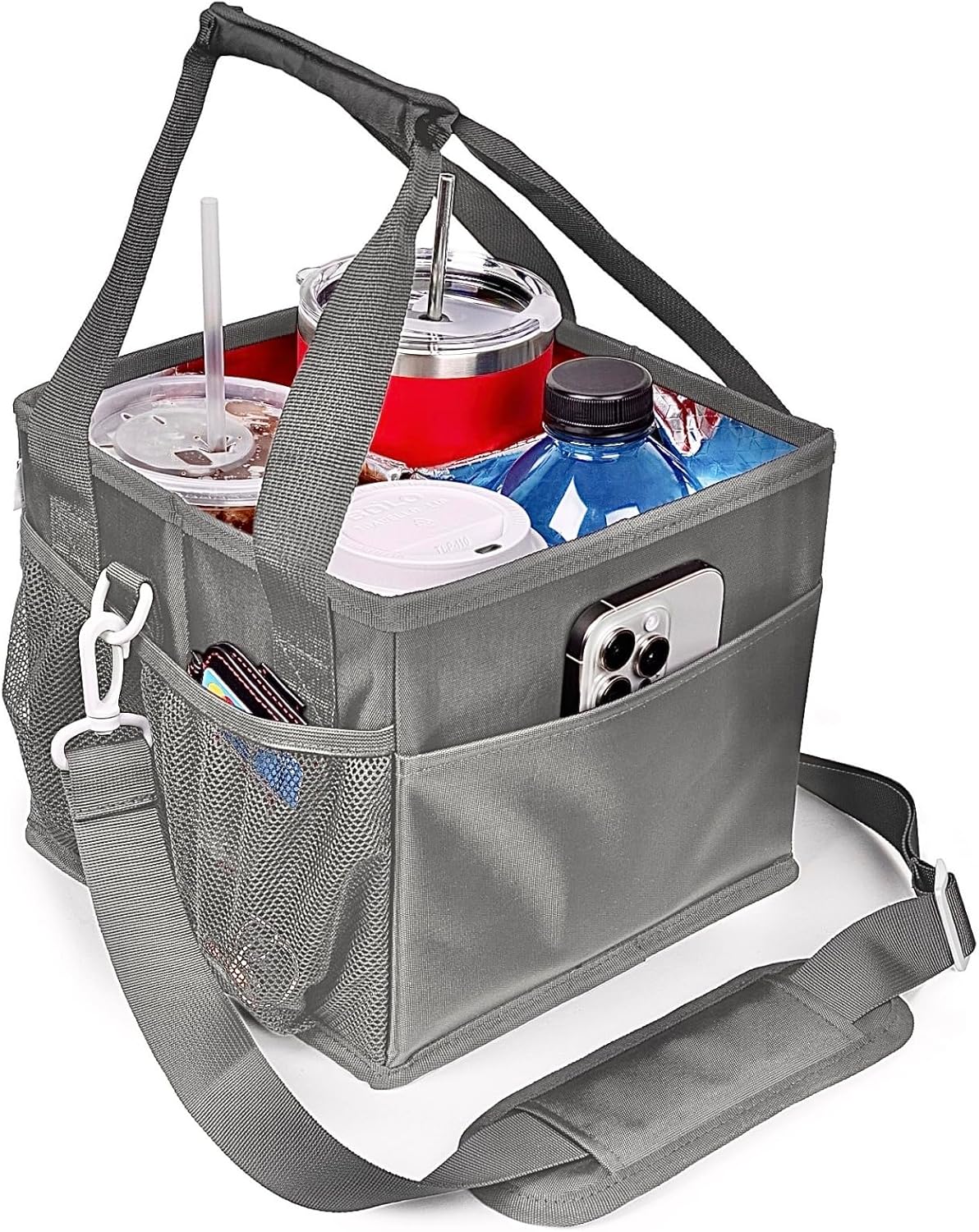 Reusable Drink Carrier with Handle – Tip-Resistant 4 Cup Carrier with Shoulder Strap for Delivery – Insulated, Foldable, Adjustable Dividers – Portable Caddy Tote Bag, Drink Holder for Car