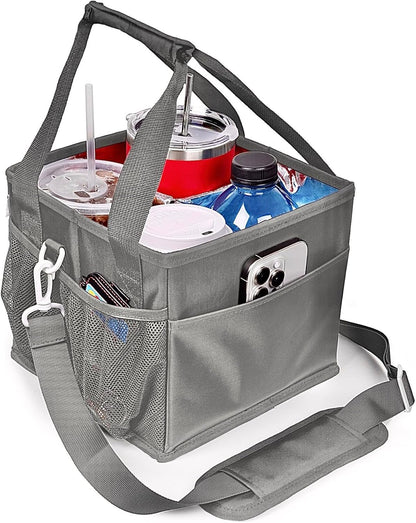 Reusable Drink Carrier with Handle – Tip-Resistant 4 Cup Carrier with Shoulder Strap for Delivery – Insulated, Foldable, Adjustable Dividers – Portable Caddy Tote Bag, Drink Holder for Car
