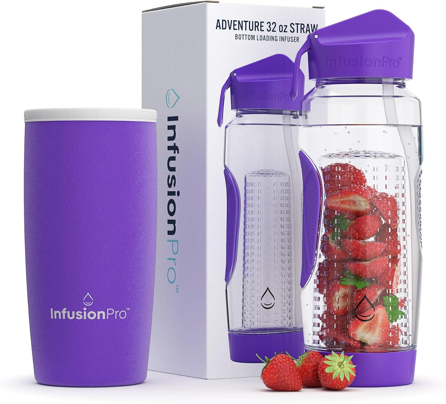 Infusion Pro 32 oz Fruit Infuser Water Bottle with Insulated Sleeve & 50 Recipe Fruit Infusion Water eBook : Bottom Loading, Large Water Infuser for More Flavor : Unique Gift Idea for Women