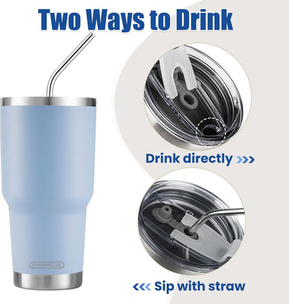 D·S 30oz Blue Tumbler Stainless Steel Double Wall Vacuum Insulated Mug with Straw and Lid, Cleaning Brush for Cold and Hot Beverages
