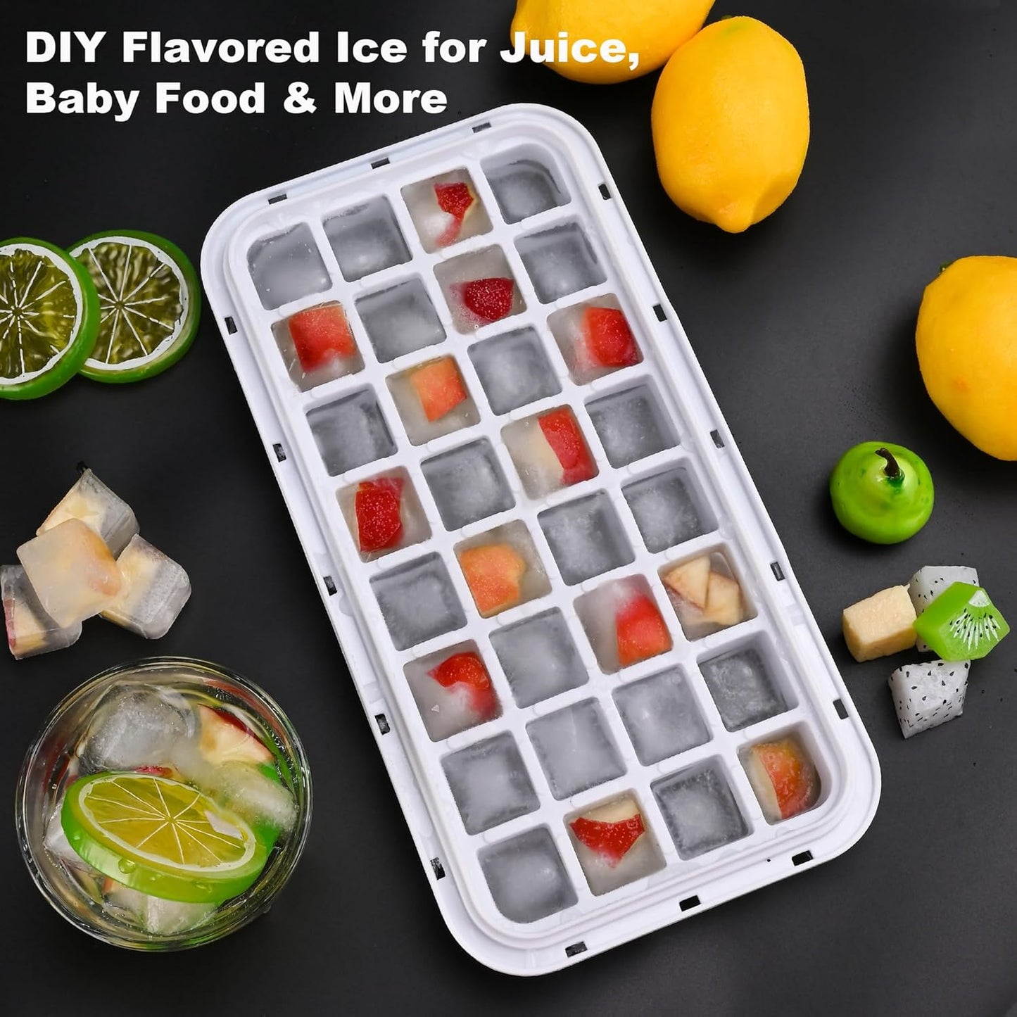 Ice Trays for Freezer with Lid & Bin, Ice Cube Tray Making 64 pcs Ice Cubes, Easy Press to Release Ice, Ice Tray with Storage Bin Chilling Cocktail Whiskey Coffee 2 Trays 1 Ice Bucket & Scoop (Black)