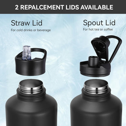 HASLE OUTFITTERS 32 oz Insulated Water Bottle Stainless Steel Double Walled Vacuum Sports Water Bottle with 2 Lids (Straw and Spout Lid) for Gym Camping Hiking(Black,1)