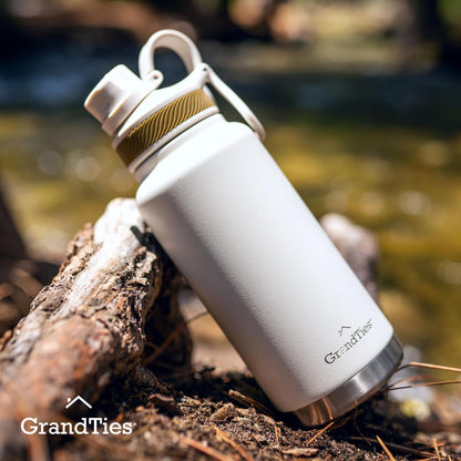 GRANDTIES 2 Lids Sports Stainless Steel Water Bottles – Wide Mouth Vacuum Insulated Reusable Leak Proof BPA-Free Travel Metal Canteen, Thermal Bottles for Men Women Gym (Ivory White 32 oz)