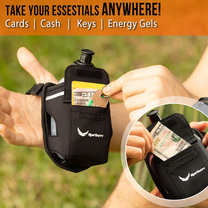 2-in-1 Running Fun: Handheld 12 Oz Water Bottle & Running Belt Add-On. No-Grip Design Straps on Hand & Slides on Belt. Waterproof Pocket for Money, Keys. Maximize Time, Freedom & Health