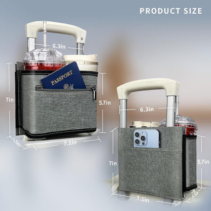 Travel Luggage Cup Holder, Liveagain Drink Caddy, Luggage Cup Holder Attachment, Free Hand Suitcase Drink Carrier for Drinks Beverages, Coffee, Bottles, Snack (Gray)