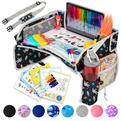 PILLANI Kids Travel Tray for Car - Car Seat Tray with Activity Sheets & Pens, Road Trip Essentials for Car & Airplane, Must Have Toddler Travel Lap Desk Accessories - Road Trip Activities for Kids