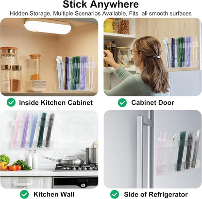 Acrylic Straw Holder for Cabinet Door 9.5”- Transparent Reusable Tumbler Straw Organizer Storage, Clear Small Kitchen Organization Accessories Container Rack, Ultra Sticky Cupboard Door Mounted