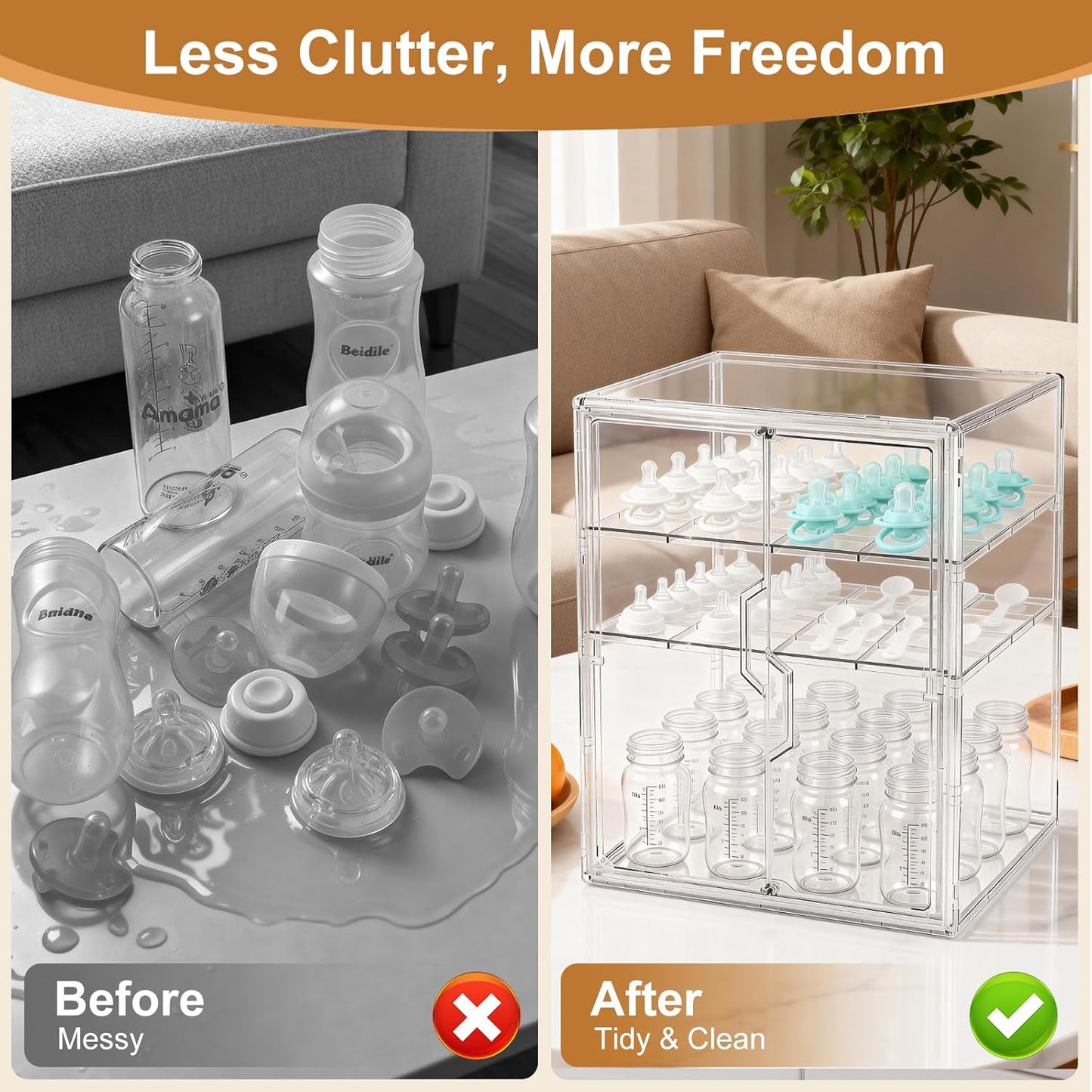 ERTIUANIO Baby Bottle Organizer – 3 Tier Bottle Storage Organizer Baby for Nipples, Pump Parts, Food Jars – Clear Acrylic Bottle Station Organizer for Countertop and Kitchen, Gifts for New Mom