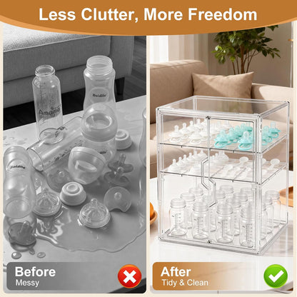 ERTIUANIO Baby Bottle Organizer – 3 Tier Bottle Storage Organizer Baby for Nipples, Pump Parts, Food Jars – Clear Acrylic Bottle Station Organizer for Countertop and Kitchen, Gifts for New Mom