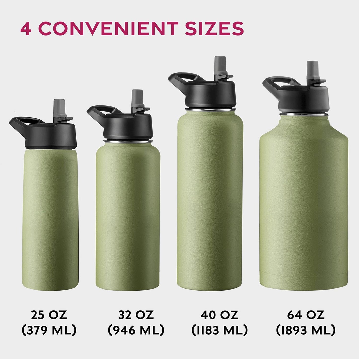 FineDine Water Bottle - Stainless Steel Insulated Water Bottle with Straw Lid, Flip Lid & Wide-Mouth Cap - Keeps Hot and Cold - 25 Oz / 739ml - Dreamy Purple