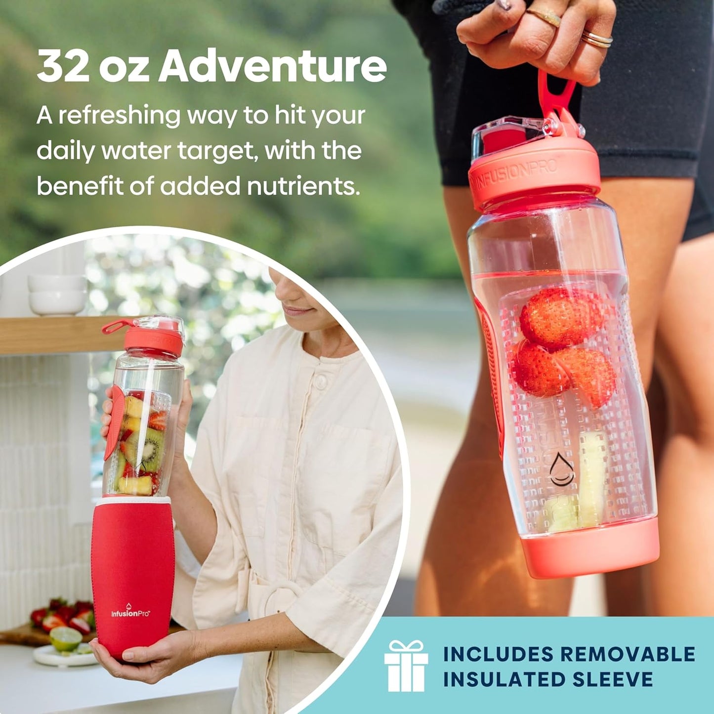 Infusion Pro 32 oz Fruit Infuser Water Bottle with Insulated Sleeve & 50 Recipe Fruit Infusion Water eBook : Bottom Loading, Large Water Infuser for More Flavor : Unique Gift Idea for Women