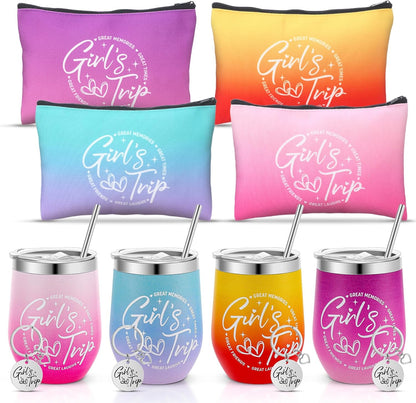 Ovveroche12 Pcs Girls Trip Gifts Set Include 4 Friends Wine Tumbler with Lid And Straw 12 Oz 4 Friends Cosmetic Bag 4 Keychains Bulk Friend Appreciation Gifts Set for Girls Weekend Bachelorette Travel