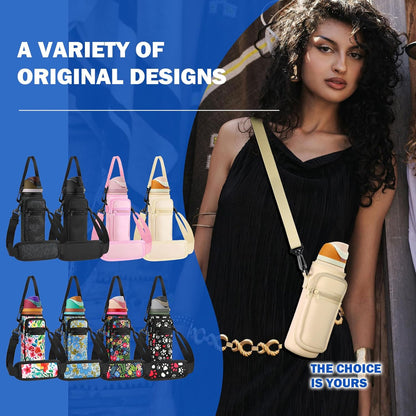 Neoprene Water Bottle Holder Bag with Cell Phone Pocket Compatible with Owala FreeSip 24 oz，Water Bottle Carrying Bag ，with Adjustable Shoulder Strap,for 24oz Stainless Steel Water Bottle