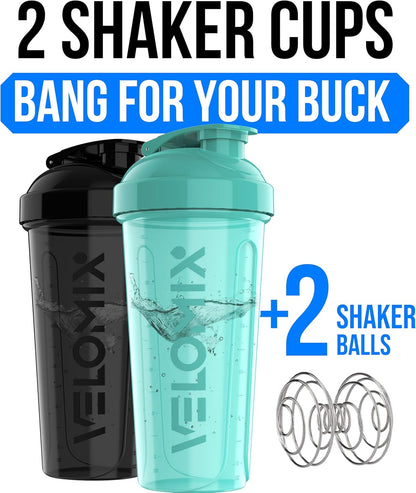 VELOMIX -2 Pack- 28 oz Protein Shaker Bottles for Protein Mixes - 2x Wire Whisk | Leak Proof Shaker Cups for Protein Shakes | Protein Shaker Bottle Pack (Black/Transparent)