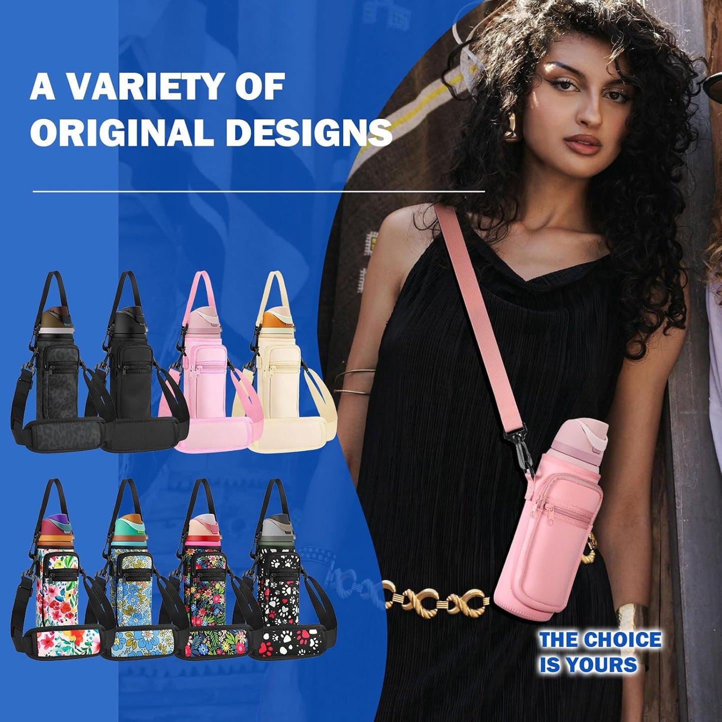 Neoprene Water Bottle Holder Bag with Cell Phone Pocket Compatible with Owala FreeSip 24 oz，Water Bottle Carrying Bag ，with Adjustable Shoulder Strap,for 24oz Stainless Steel Water Bottle