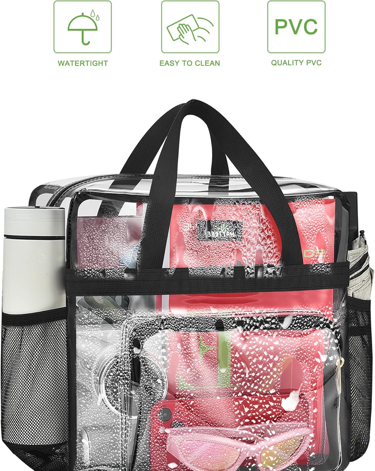 MAY TREE Clear Bag for Stadium Events, 12×5.5×12 Clear Tote Lunch Bag with Non-detachable Reinforced Straps for Work, Sporting Events and Gym, Black