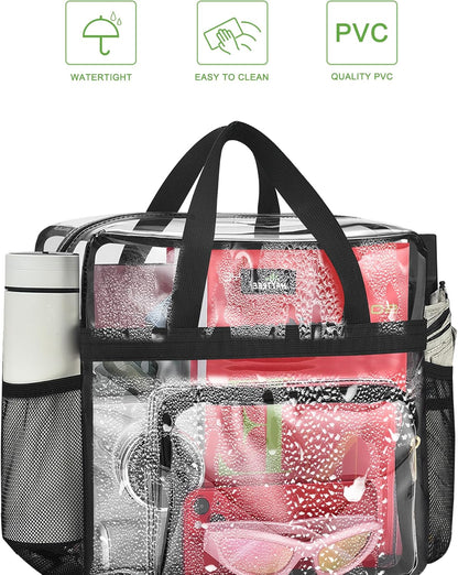 MAY TREE Clear Bag for Stadium Events, 12×5.5×12 Clear Tote Lunch Bag with Non-detachable Reinforced Straps for Work, Sporting Events and Gym, Black