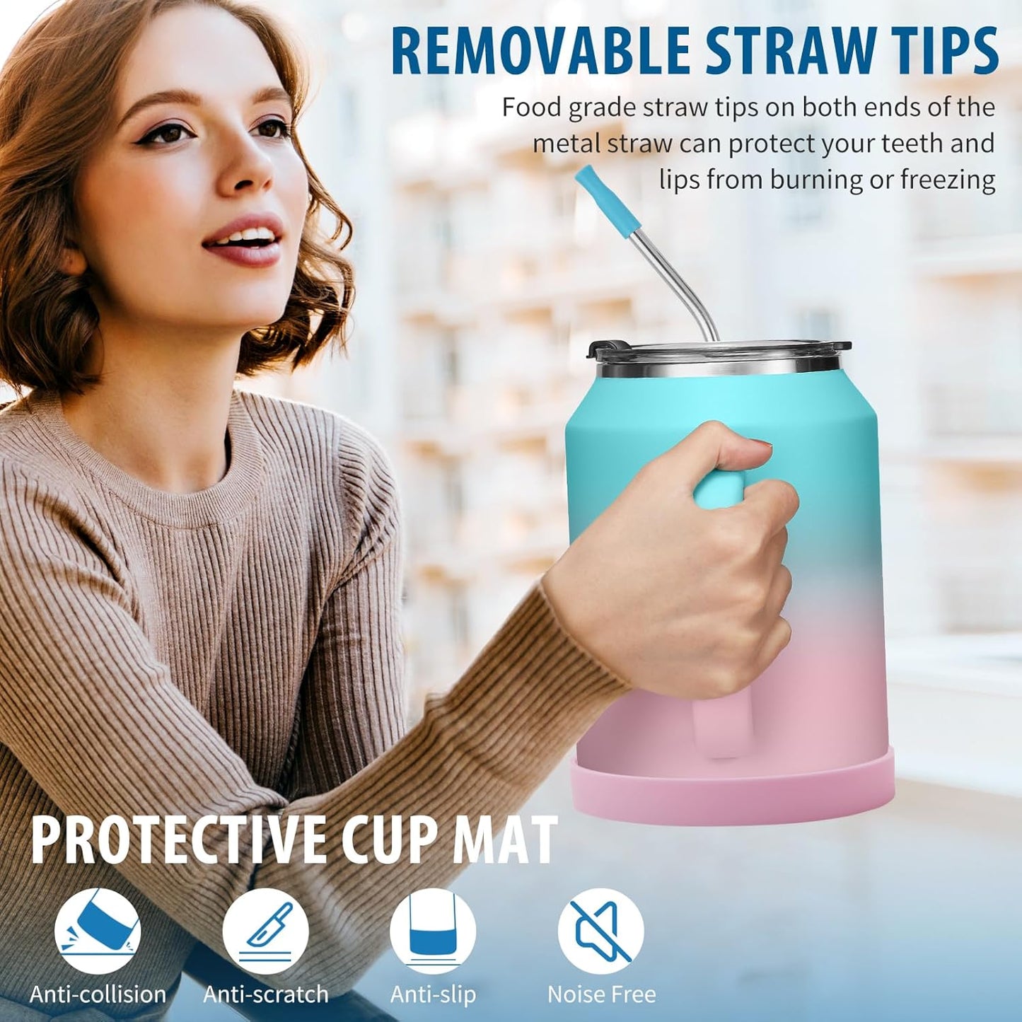 50 oz Insulated Tumbler with Handle and Straw - Stainless Steel Double Wall Coffee Mug, 2-in-1 Lid Metal Water Bottle, 36H Cold 24H Hot Travel Hydro Cup Jug with Silicone Boot