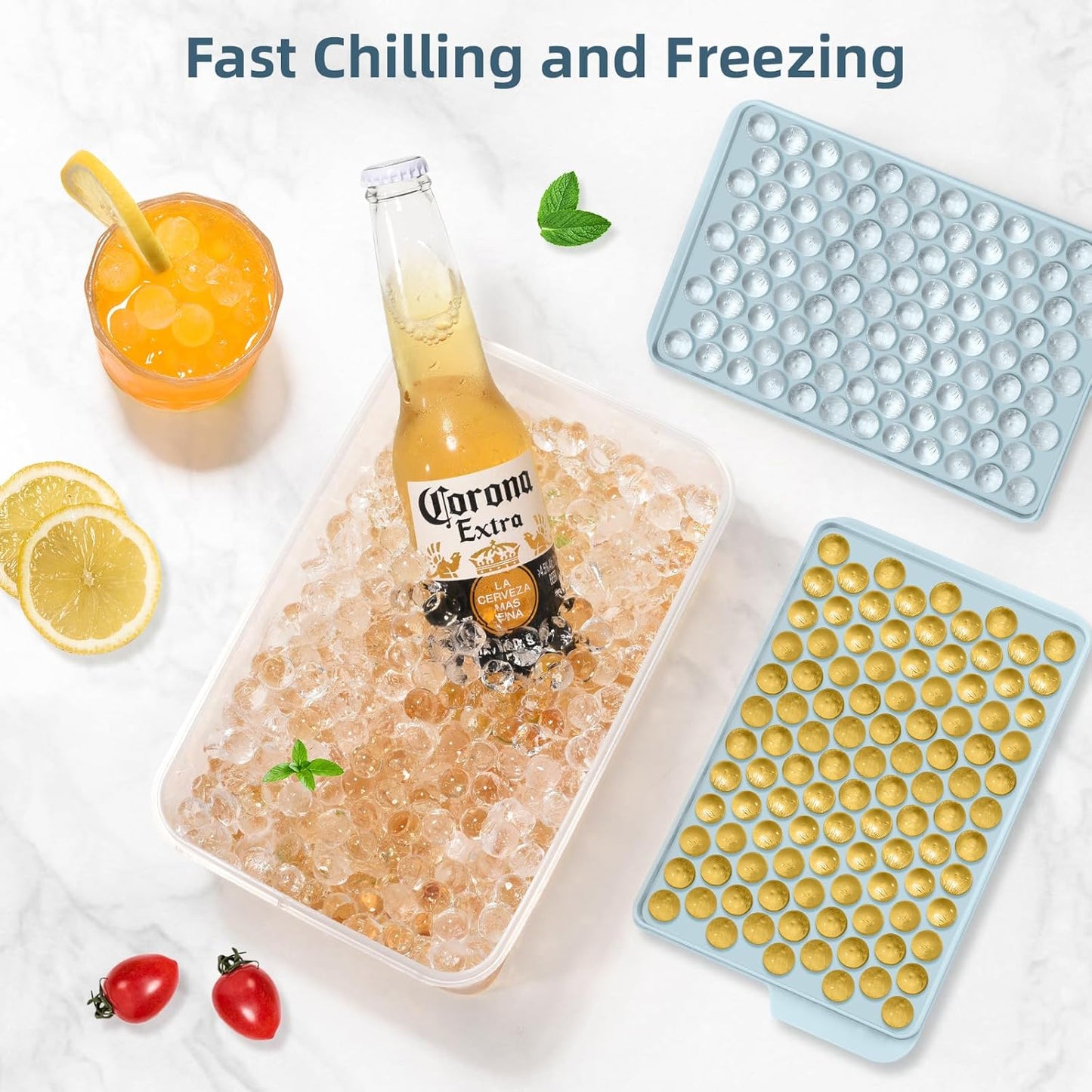 WIBIMEN Mini Ice Cube Trays, 0.55” Tiny Pebble Ice for Iced Coffee & Cocktails, Fast Chill, Easy Twist Release, Stackable with Lid & Storage Bin (4 Pack, Blue)