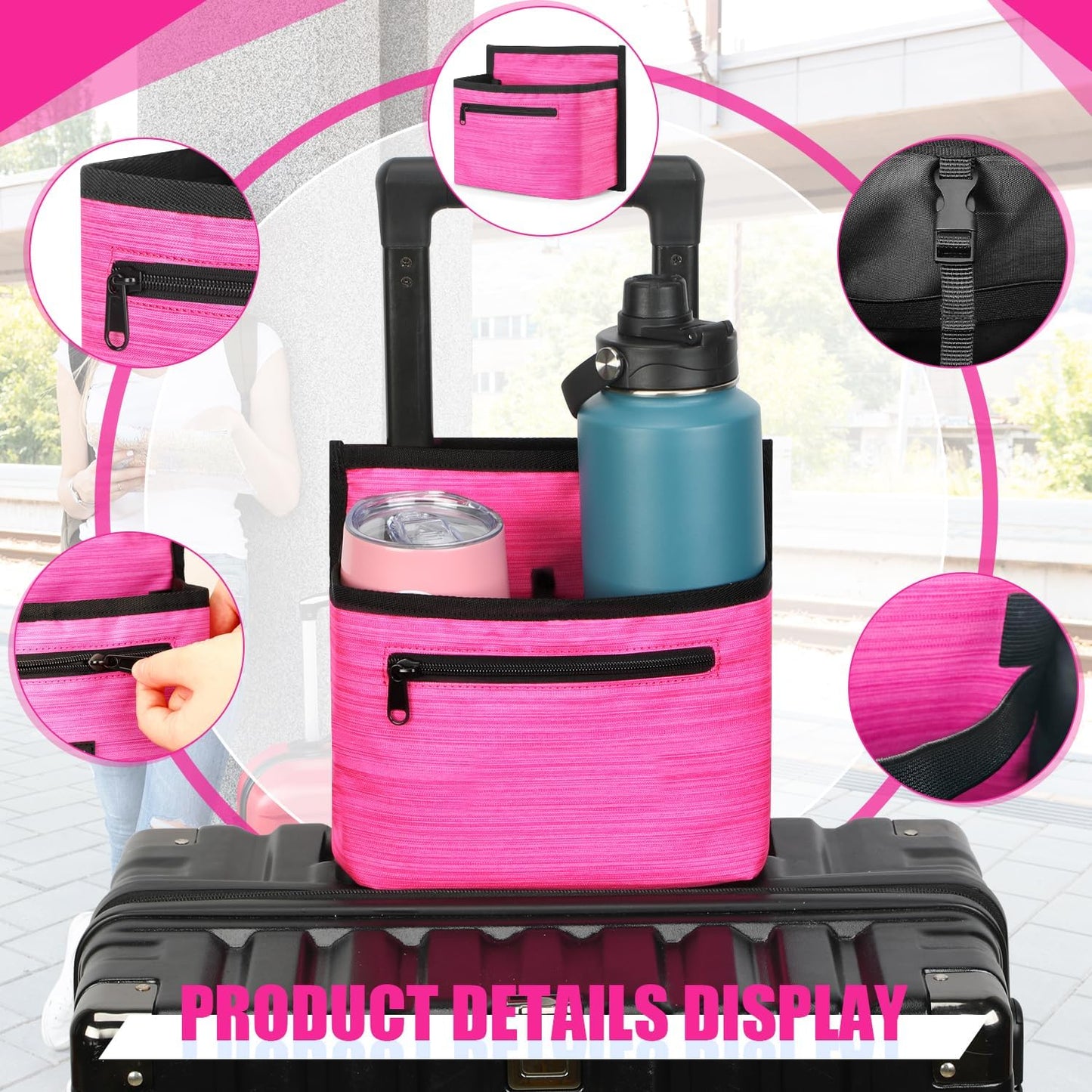 ZHCHG Luggage Travel Cup Holder Attachment for Suitcase Drink Carrier Caddy, Coffee Mug and Tumblers, Traveler Carry on Hands Free Accessory- Gifts for Flight Attendants Travelers Accessories- Black