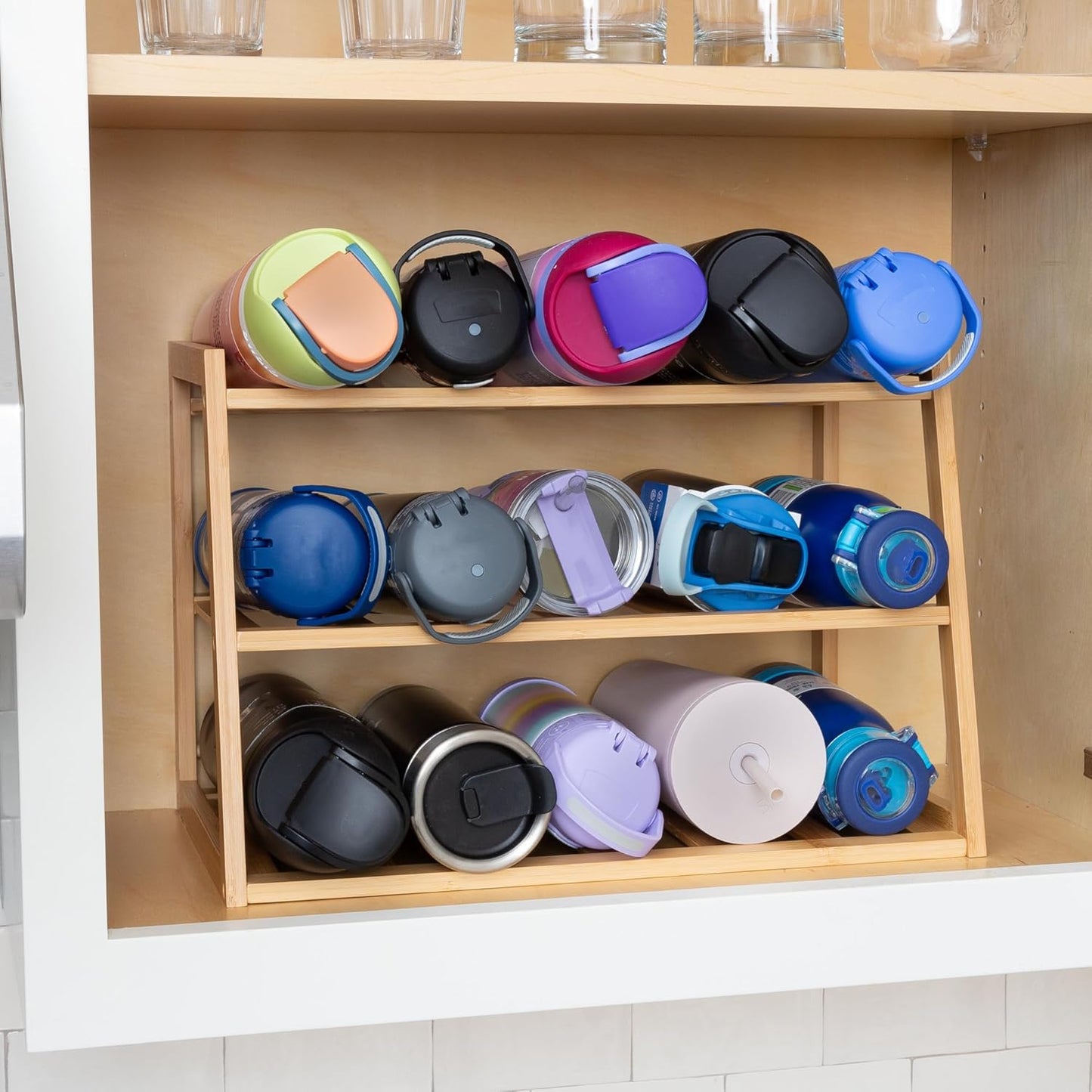 Honey-Can-Do 3-Tier Bamboo Water Bottle Organizer Rack - Stackable, Natural Wood Storage for Cabinet & Pantry