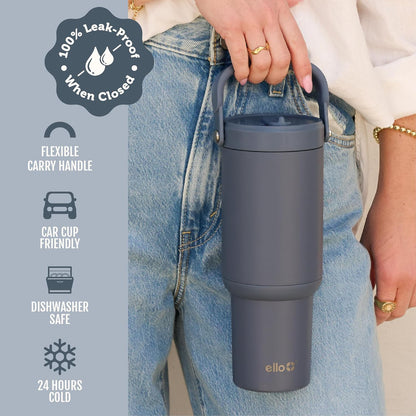 Ello Oasis Go+ 26oz Tumbler with Top Handle and Retracting Straw | Reusable Insulated Stainless Steel Cup, 100% Leakproof Water Bottle, 24 Hours Cold, Cup Holder Friendly For Travel | Wild Rasberry