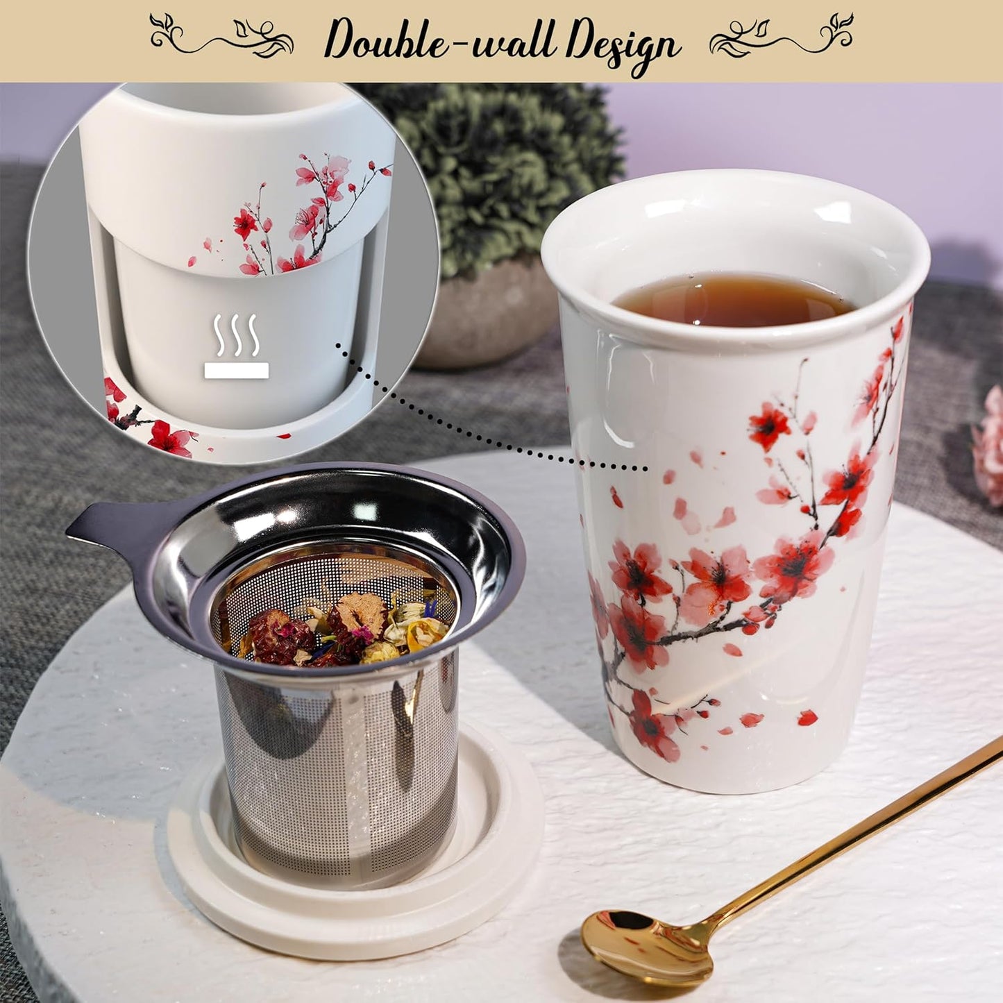 Harmoleaf Tea Gift Set for Women - 6 Herbal Loose Leaf Tea Blends, Insulated Ceramic Cup with Infuser & Lid | Birthday, Mother's Day, Anniversary & Retirement Gift for Her