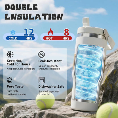 30oz Flip Straw Insulated Water Bottle with Handle, Leak Proof Stainless Steel Travel Tumbler With Lid, Double Wall Vacuum Iced Coffee Travel Mug, Sport Cup, Outside use