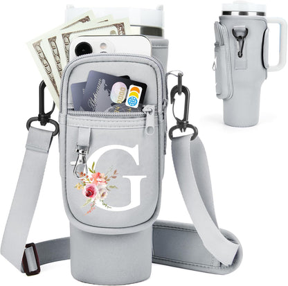 Initial Water Bottle Holder with Strap for Stanley Cup Accessories 40 oz/Simple Modern Tumbler, Birthdays for Women Girls, Water Bottle Carrier Bag with Phone Pocket,Hiking Walking Gym Camping
