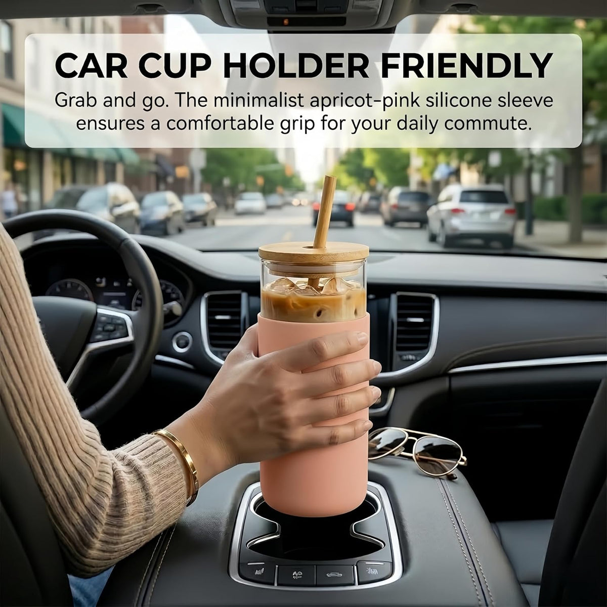 16oz Glass Tumbler with Lid and Straw, Thick Borosilicate Glass Iced Coffee Cup with Protective Silicone Sleeve, Car Cup Holder Friendly Reusable Smoothie Cup for Matcha Tea and Boba, Gift Box Ready