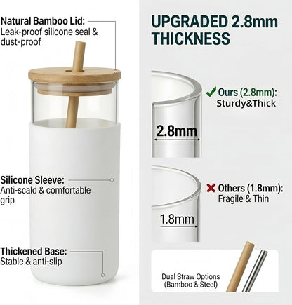 16oz Glass Tumbler with Lid and Straw, Thick Borosilicate Glass Iced Coffee Cup with Protective Silicone Sleeve, Car Cup Holder Friendly Reusable Smoothie Cup for Matcha Tea and Boba, Gift Box Ready
