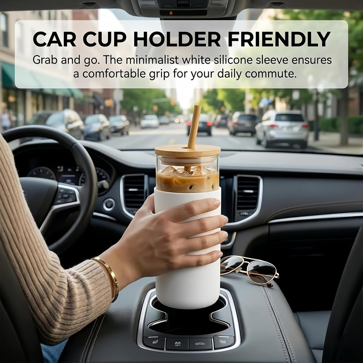 16oz Glass Tumbler with Lid and Straw, Thick Borosilicate Glass Iced Coffee Cup with Protective Silicone Sleeve, Car Cup Holder Friendly Reusable Smoothie Cup for Matcha Tea and Boba, Gift Box Ready