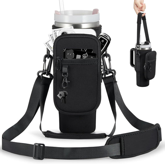 Water Bottle Carrier Bag with Phone Pocket for Stanley 40 & 30 oz Tumbler with Handle,Pink Insulated Neoprene Cup Holder Pouch w/Adjustable Strap for Quencher H2.0 Stanley Cup Accessories