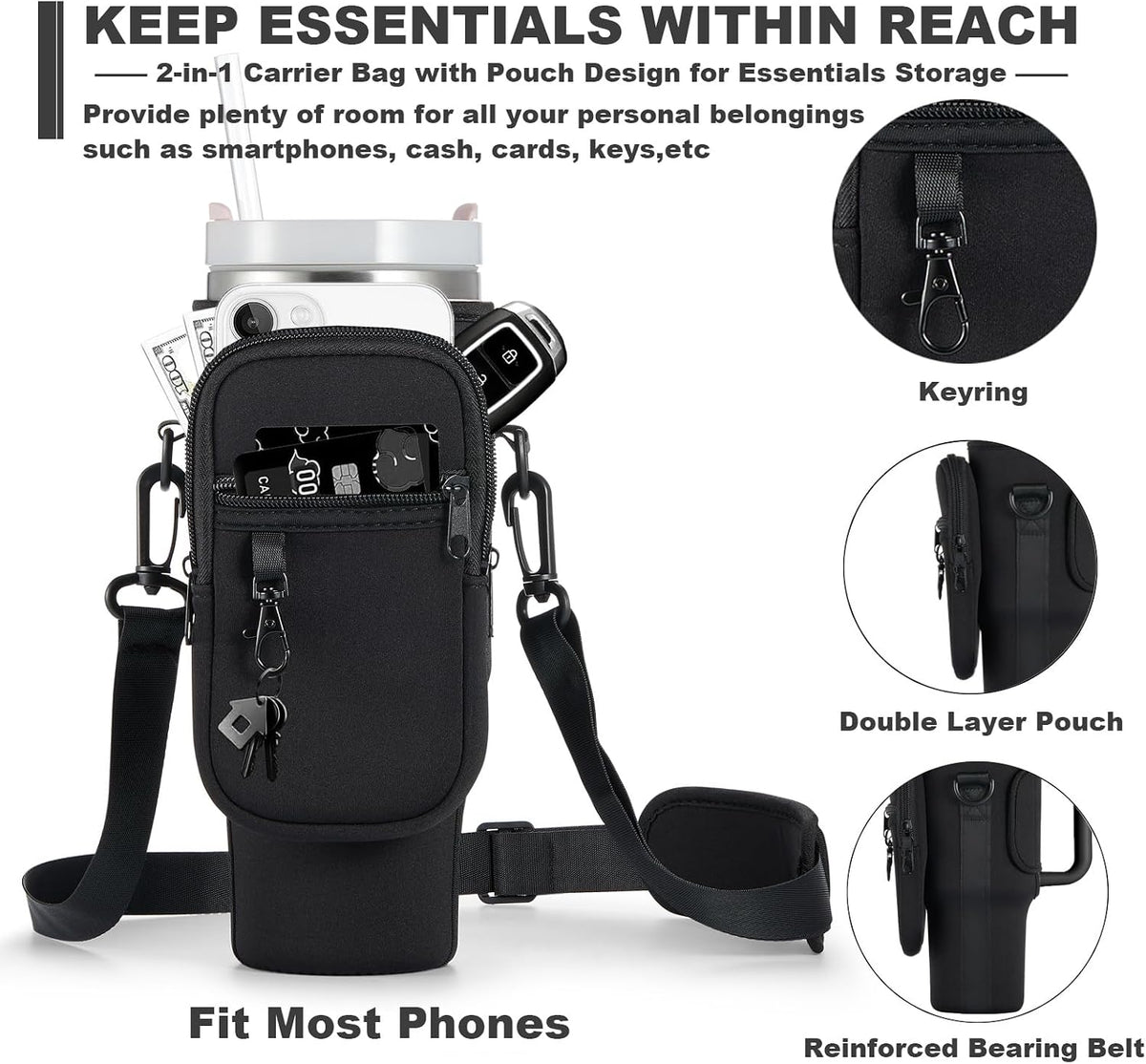 Water Bottle Carrier Bag with Phone Pocket for Stanley 40 & 30 oz Tumbler with Handle,Pink Insulated Neoprene Cup Holder Pouch w/Adjustable Strap for Quencher H2.0 Stanley Cup Accessories