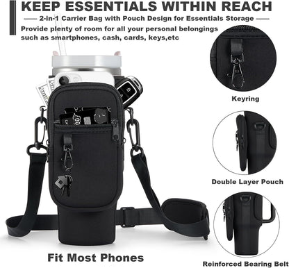Water Bottle Carrier Bag with Phone Pocket for Stanley 40 & 30 oz Tumbler with Handle,Pink Insulated Neoprene Cup Holder Pouch w/Adjustable Strap for Quencher H2.0 Stanley Cup Accessories