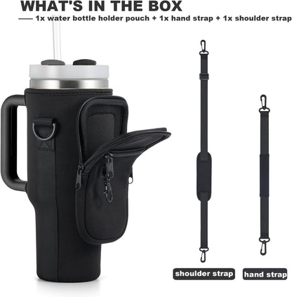 Water Bottle Carrier Bag with Phone Pocket for Stanley 40 & 30 oz Tumbler with Handle,Pink Insulated Neoprene Cup Holder Pouch w/Adjustable Strap for Quencher H2.0 Stanley Cup Accessories
